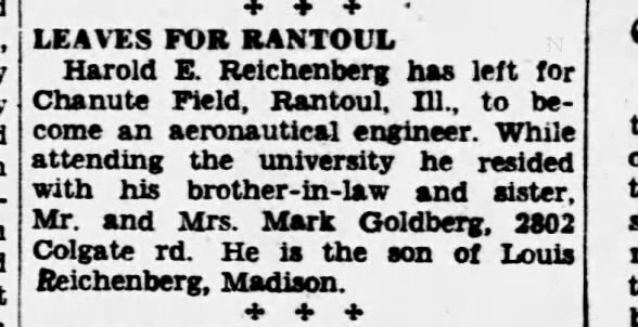Harold Reichenberg leaves Madison for Chanute Field, June 1941